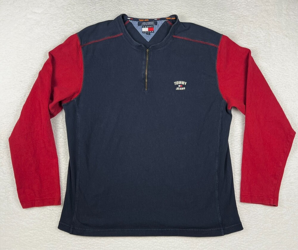 Vintage Tommy Jeans Sweater Men’s XL Y2K Long Sleeve Pullover USA Made 1/4 Zip